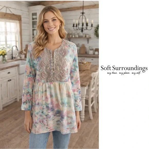NEW Soft Surroundings Bazille Pastel Embroidered Tunic - Picture 1 of 14
